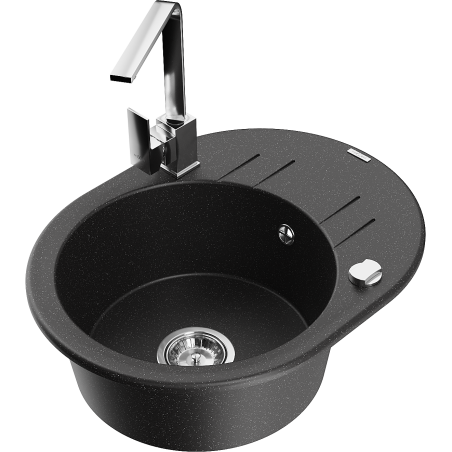 Mexen Kevin 1-compartment granite sink with a drip tray and kitchen mixer tap Rita, Black/Silver - 6517-73-670300-00