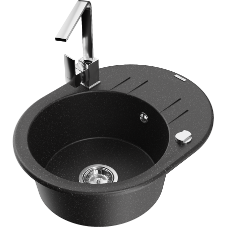 Mexen Kevin Granite Kitchen Sink 1-Bowl with Drainer and Rita Kitchen Tap, Black/Silver - 6517-73-670300-00