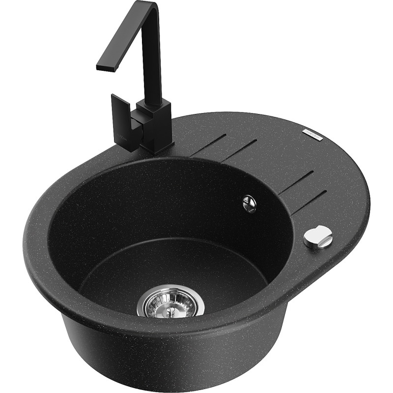 Mexen Kevin granite kitchen sink 1-chamber with drainer and kitchen faucet Rita, black/silver metallic - 6517-73-670300-70
