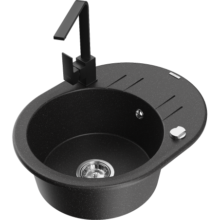 Mexen Kevin granite kitchen sink 1-chamber with drainer and kitchen faucet Rita, black/silver metallic - 6517-73-670300-70