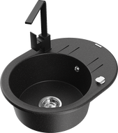 Mexen Kevin granite kitchen sink 1-chamber with drainer and kitchen faucet Rita, black/silver metallic - 6517-73-670300-70