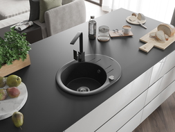 Mexen Kevin 1-compartment granite sink with a drip tray and kitchen mixer tap Rita, Black/Silver metallic - 6517-73-670300-70
