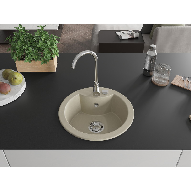 Mexen Diego granite sink 1-bowl with Telma kitchen faucet, beige - 6512-69-670200-00