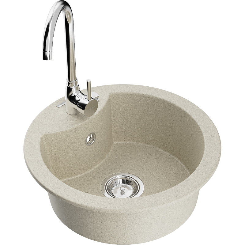 Mexen Diego granite sink 1-bowl with Telma kitchen faucet, beige - 6512-69-670200-00