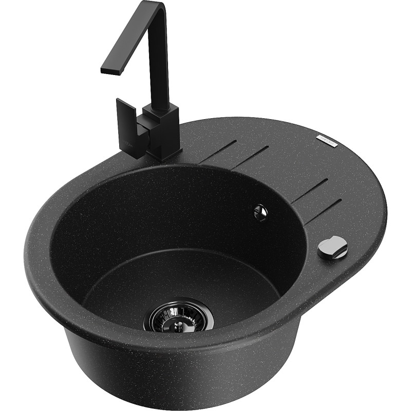 Mexen Kevin granite kitchen sink 1-bowl with drainer and kitchen tap Rita, black/silver metallic - 6517-73-670300-70-B