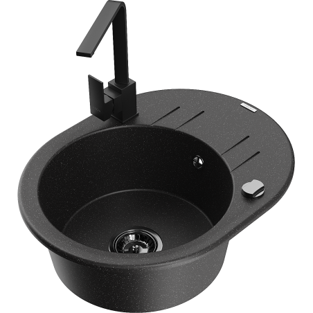 Mexen Kevin granite 1-bowl sink with drainer and Rita kitchen tap, black/silver metallic - 6517-73-670300-70-B