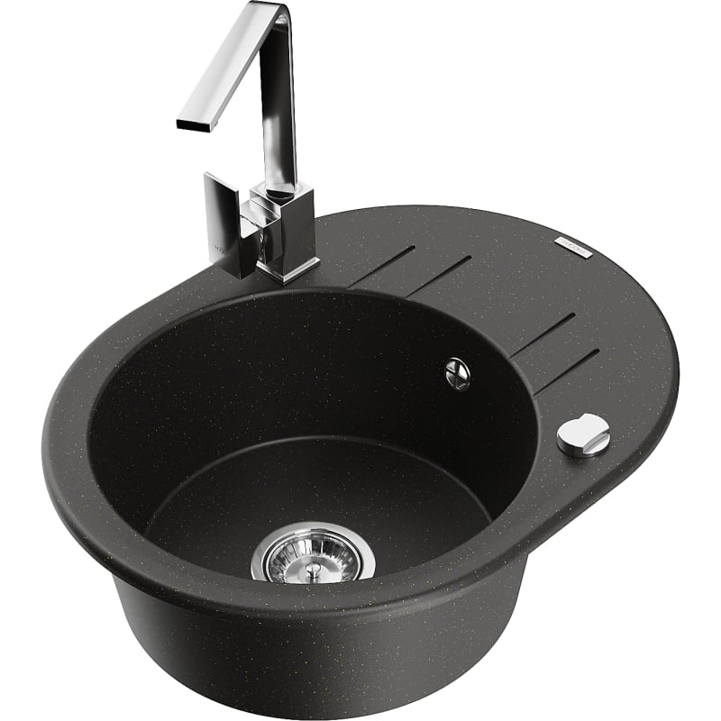 Mexen Kevin granite kitchen sink single-bowl with drainer and kitchen faucet Rita, black/gold metallic - 6517-75-670300-00