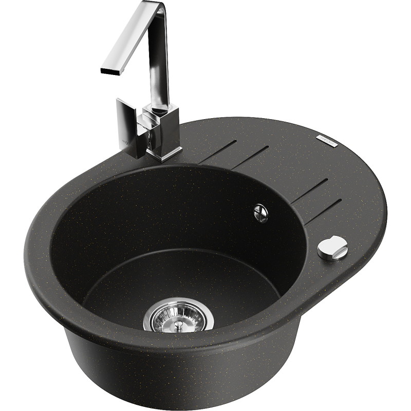 Mexen Kevin granite sink 1-bowl with drainer and kitchen faucet Rita, black/golden metallic - 6517-75-670300-00