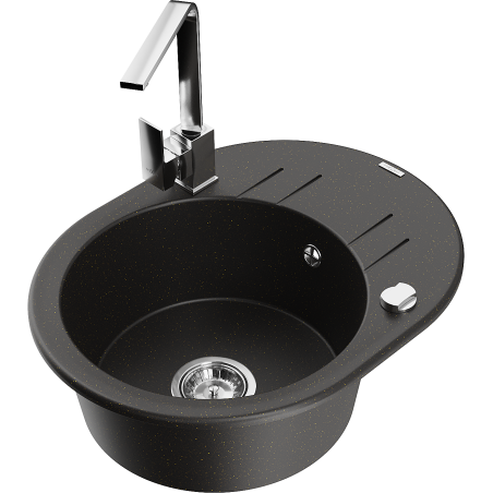 Mexen Kevin 1-compartment granite sink with a drip tray and kitchen mixer tap Rita, Black/Gold metallic - 6517-75-670300-00