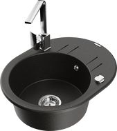 Mexen Kevin granite sink 1-bowl with drainer and kitchen faucet Rita, black/golden metallic - 6517-75-670300-00