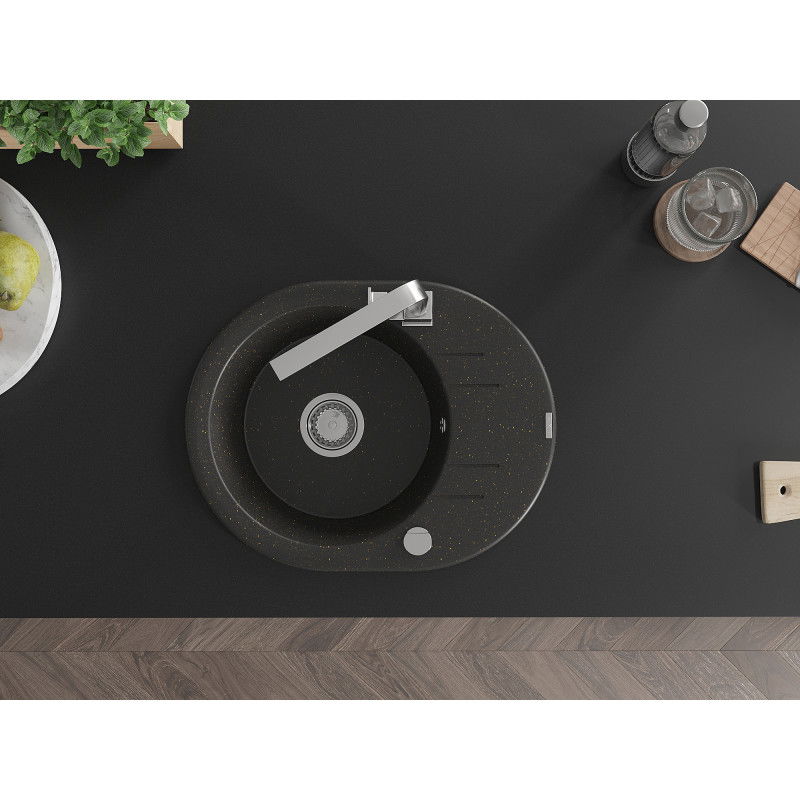 Mexen Kevin granite sink 1-bowl with drainer and Rita kitchen tap, black/gold metallic - 6517-75-670300-00