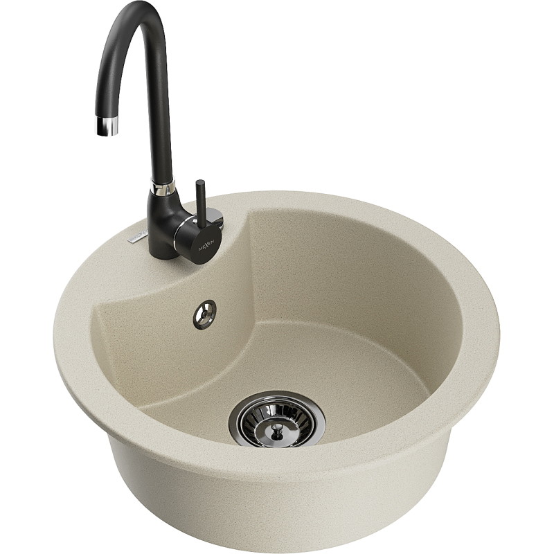 Mexen Diego 1-bowl granite kitchen sink with Telma faucet, beige - 6512-69-670200-70