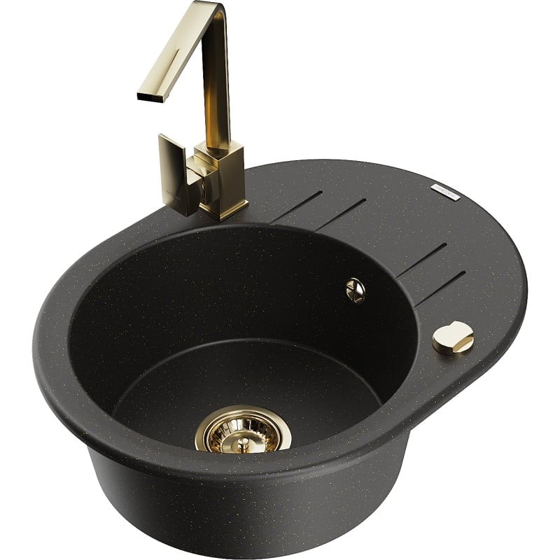 Mexen Kevin 1-Bowl Granite Sink with Drainer and Rita Kitchen Faucet, Black/Gold Metallic - 6517-75-670300-50