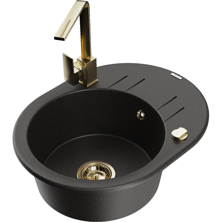 Mexen Kevin 1-compartment granite sink with a drip tray and kitchen mixer tap Rita, Black/Gold metallic - 6517-75-670300-50