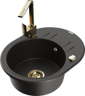 Mexen Kevin granite sink 1-bowl with drainer and Rita kitchen faucet, black/gold metallic - 6517-75-670300-50