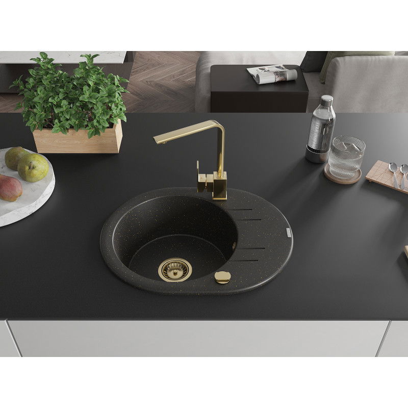 Mexen Kevin 1-bowl granite sink with drainer and Rita kitchen tap, black/gold metallic - 6517-75-670300-50