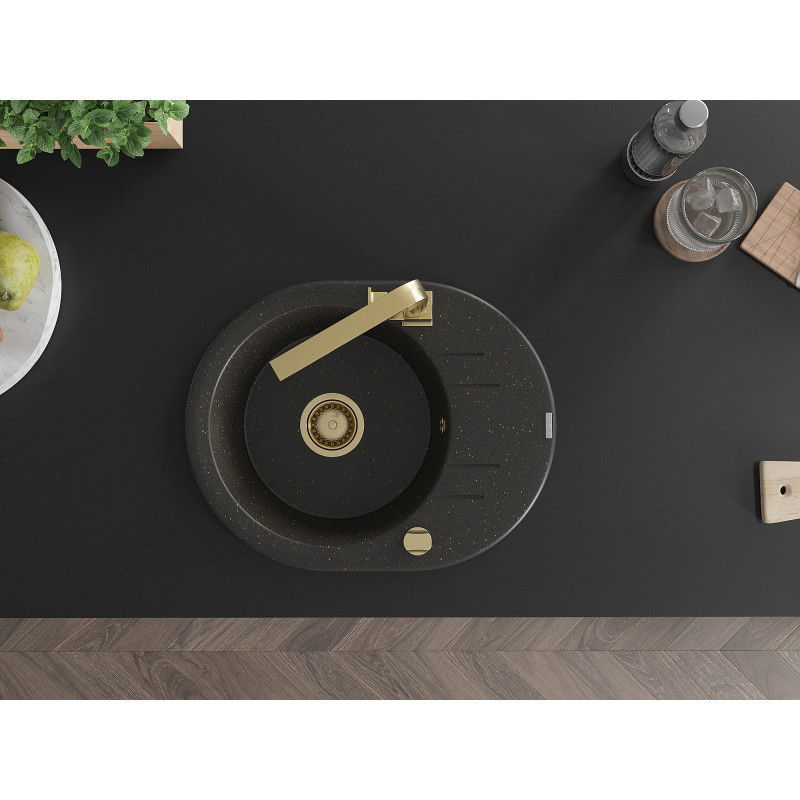 Mexen Kevin 1-bowl granite sink with drainer and Rita kitchen tap, black/gold metallic - 6517-75-670300-50