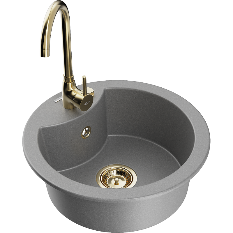 Mexen Diego granite sink 1-bowl with Telma kitchen mixer tap, grey - 6512-71-670200-50