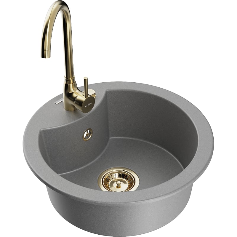Mexen Diego single-bowl granite sink with Telma kitchen faucet, gray - 6512-71-670200-50