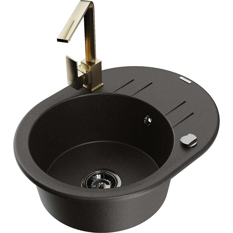 Mexen Kevin 1-bowl granite sink with drainer and Rita kitchen faucet, black/gold metallic - 6517-75-670300-50-B