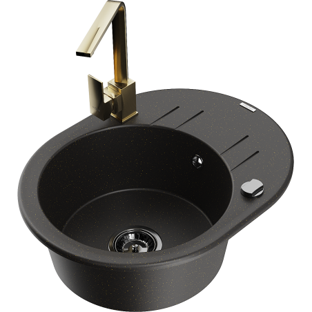 Mexen Kevin 1-bowl granite sink with drainer and Rita kitchen faucet, black/gold metallic - 6517-75-670300-50-B