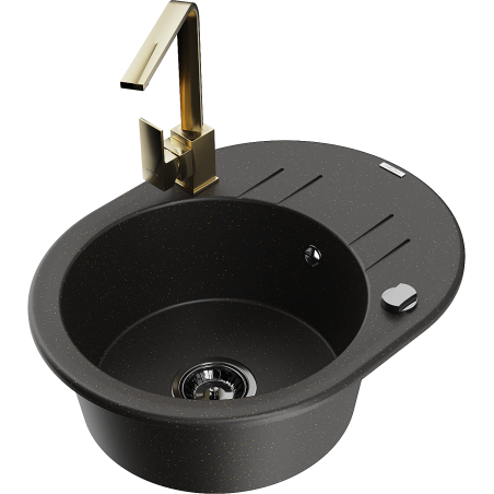 Mexen Kevin 1-bowl granite sink with drainer and Rita kitchen tap, black/gold metallic - 6517-75-670300-50-B