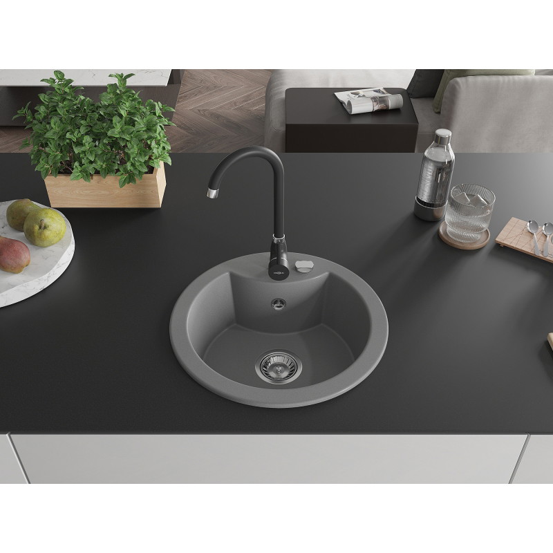 Mexen Diego 1-bowl granite sink with Telma kitchen faucet, gray - 6512-71-670200-70