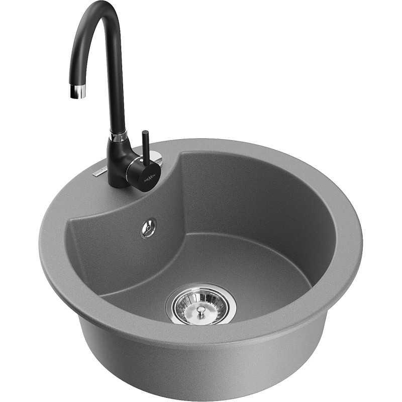 Mexen Diego 1-bowl granite sink with Telma kitchen faucet, gray - 6512-71-670200-70