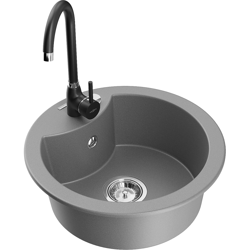 Mexen Diego 1-compartment granite sink with a kitchen mixer tap Telma, Grey - 6512-71-670200-70