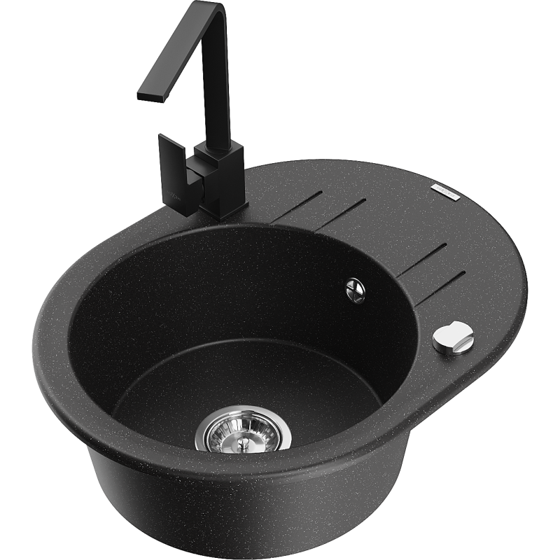 Mexen Kevin 1-compartment granite sink with a drip tray and kitchen mixer tap Rita, Black/Gold metallic - 6517-75-670300-70