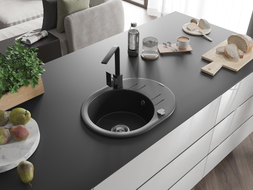 Mexen Kevin granite kitchen sink with 1 bowl, drainer, and kitchen faucet Rita, black/gold metallic - 6517-75-670300-70