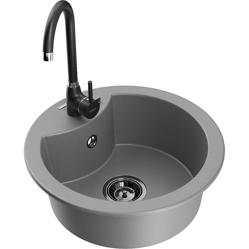 Mexen Diego 1-bowl granite sink with Telma kitchen faucet, gray - 6512-71-670200-70-B