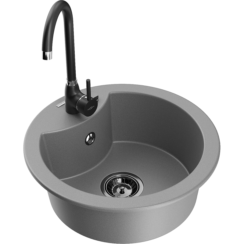 Mexen Diego granite sink 1-bowl with Telma kitchen tap, grey - 6512-71-670200-70-B