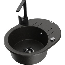 Mexen Kevin 1-compartment granite sink with a drip tray and kitchen mixer tap Rita, Black/Gold metallic - 6517-75-670300-70-B
