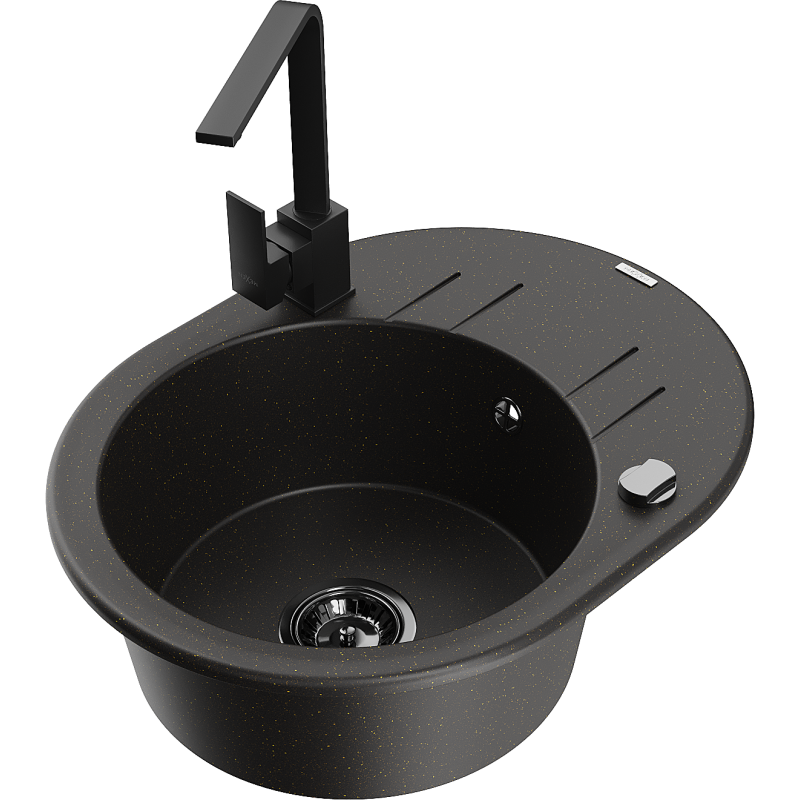 Mexen Kevin 1-compartment granite sink with a drip tray and kitchen mixer tap Rita, Black/Gold metallic - 6517-75-670300-70-B