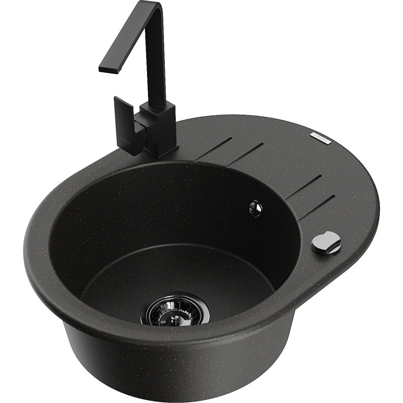 Mexen Kevin granite sink 1-bowl with drainer and kitchen faucet Rita, black/gold metallic - 6517-75-670300-70-B