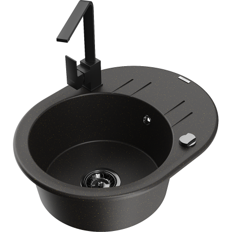 Mexen Kevin 1-compartment granite sink with a drip tray and kitchen mixer tap Rita, Black/Gold metallic - 6517-75-670300-70-B