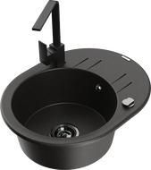 Mexen Kevin granite single-bowl sink with drainer and Rita kitchen faucet, black/gold metallic - 6517-75-670300-70-B