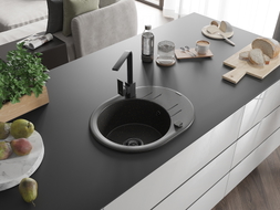 Mexen Kevin granite single-bowl sink with drainer and Rita kitchen faucet, black/gold metallic - 6517-75-670300-70-B