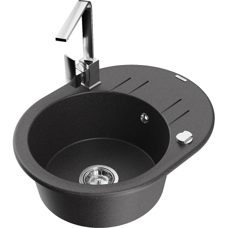 Mexen Kevin granite kitchen sink 1-bowl with drainer and Rita kitchen faucet, speckled black - 6517-76-670300-00