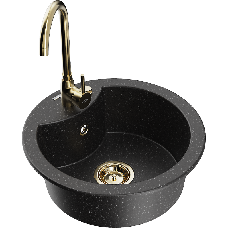 Mexen Diego 1-bowl granite sink with Telma kitchen tap, black/silver - 6512-73-670200-50
