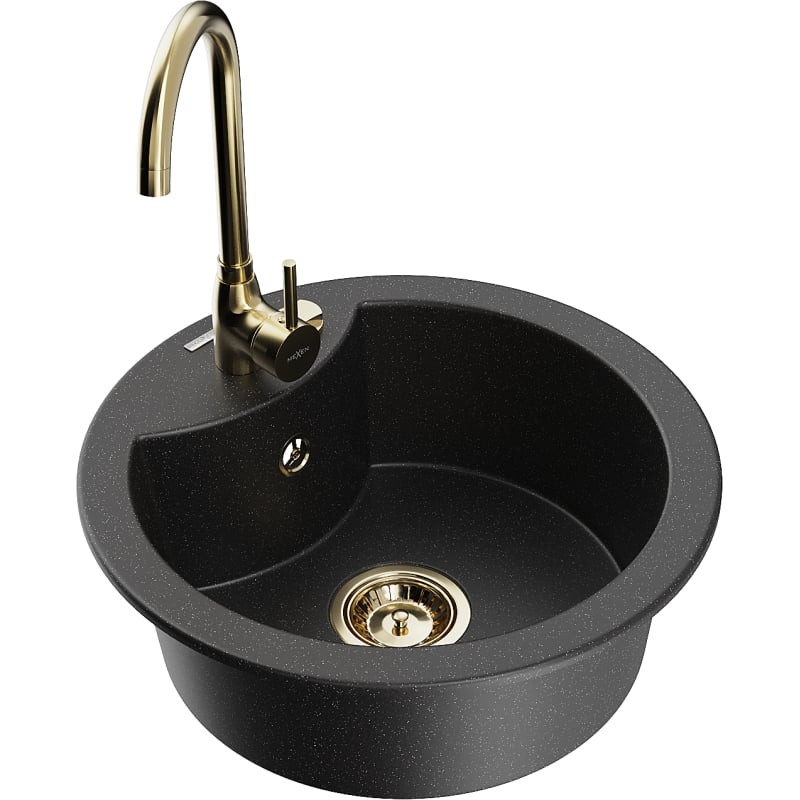 Mexen Diego granite kitchen sink 1-bowl with Telma kitchen faucet, black/silver - 6512-73-670200-50