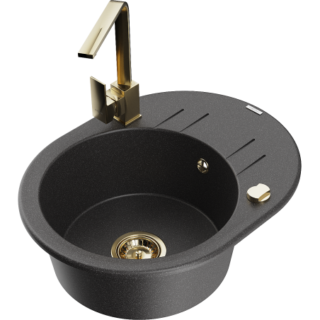 Mexen Kevin granite kitchen sink 1-bowl with drainer and kitchen faucet Rita, speckled black - 6517-76-670300-50