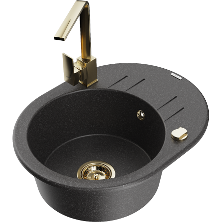 Mexen Kevin single-bowl granite sink with drainer and kitchen faucet Rita, speckled black - 6517-76-670300-50