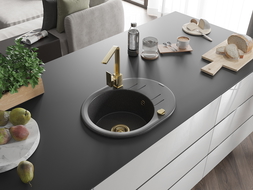 Mexen Kevin 1-compartment granite sink with a drip tray and kitchen mixer tap Rita, spotted black - 6517-76-670300-50