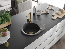 Mexen Kevin granite kitchen sink 1-bowl with drainer and kitchen faucet Rita, speckled black - 6517-76-670300-50