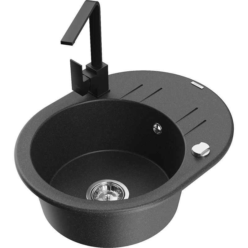 Mexen Kevin 1-basin granite sink with drainer and kitchen tap Rita, black speckled - 6517-76-670300-70