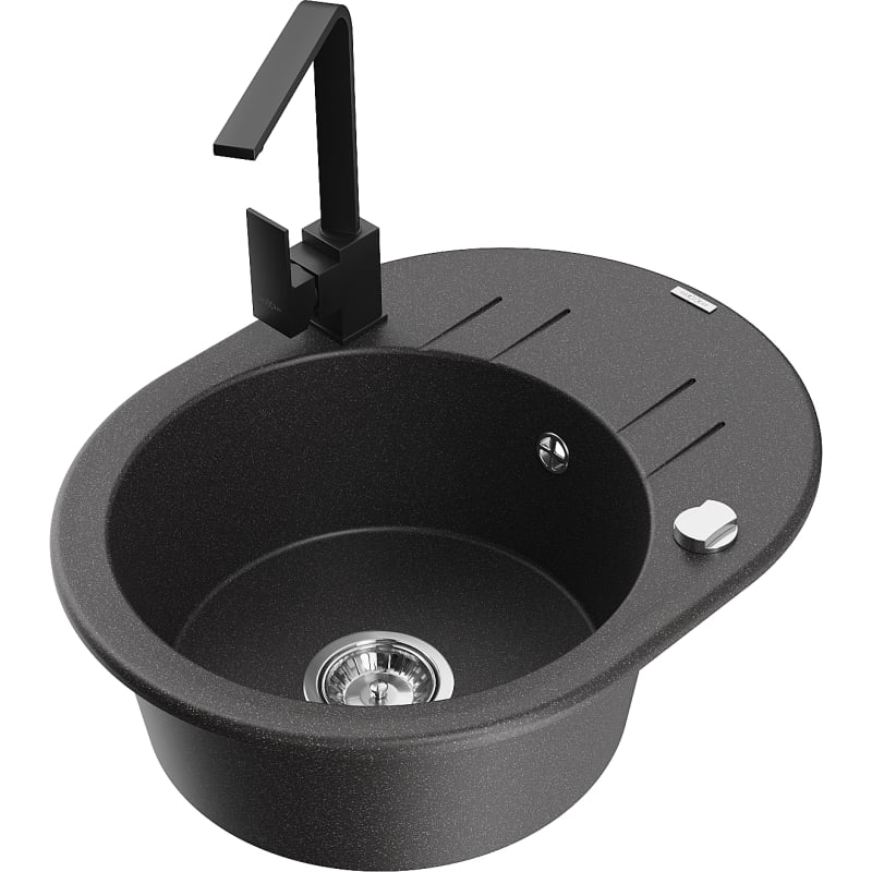 Mexen Kevin granite kitchen sink 1-bowl with drainer and Rita kitchen faucet, black speckled - 6517-76-670300-70