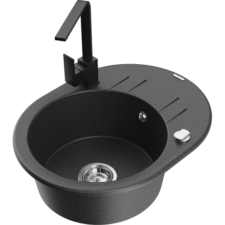 Mexen Kevin granite kitchen sink 1-bowl with drainer and Rita kitchen faucet, black speckled - 6517-76-670300-70