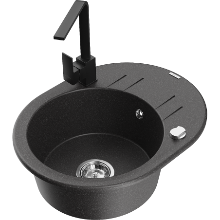 Mexen Kevin granite sink single-bowl with drainer and kitchen faucet Rita, speckled black - 6517-76-670300-70